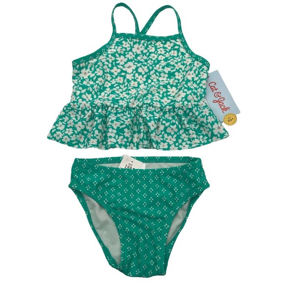 Cat & Jack Girls Swimsuit Set 18 Months Green/White - Picture 1 of 3
